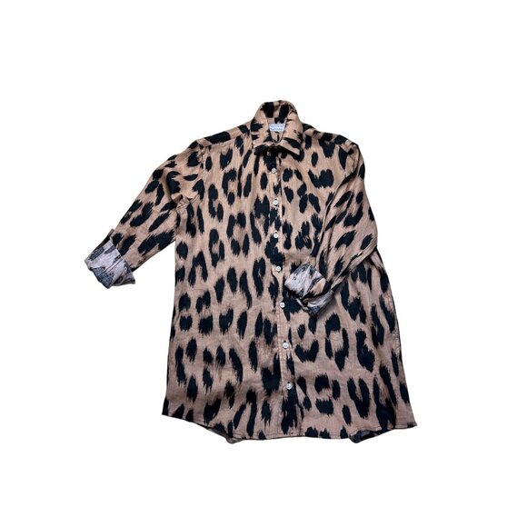 Emily Phillips Cheetah Girlfriend Button Down Linen Shirt Size 4 Made In USA - Picture 1 of 7